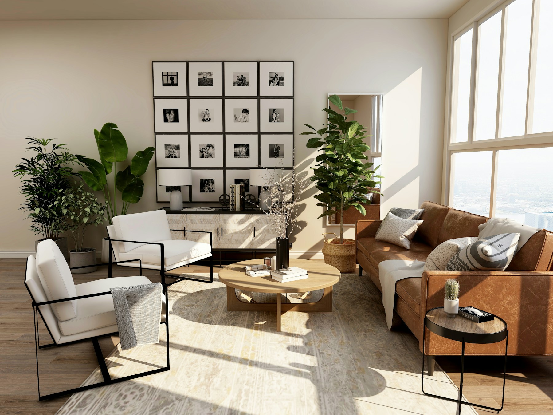 A bright, inviting living room with natural textures and soft neutral colors